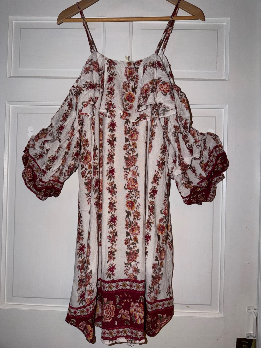 love J Cream Dress lined with Burgundy Floral Stripes